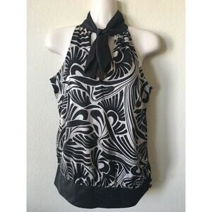 DKNY Jeans Black White Abstract V Neck Bow Tie Sleeveless Women's Blouse Size XS